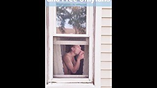 Neighbor Twink using dildo on ass and mouth in window