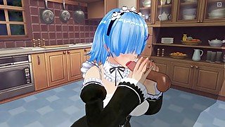 3D HENTAI Rem gives sweet blowjob with cum