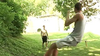 Cute blond twink cums while getting fucked in nature