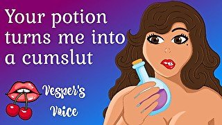 You trick a customer into drinking a potion that turns her into a needy cumslut