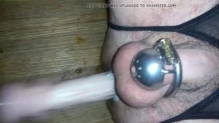 Sissy boy in chastity fucked by sex machine 