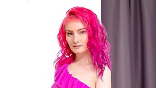 Pink-haired babe opens pink pussy