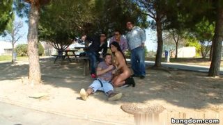 Bonny brunette Spanish Anissa Kate giving very hot blowjob in public place