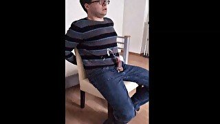 Big cumshot without hands while sitting dressed on a chair - nice hands free orgasm