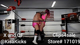 Kisa Kicks vs CJ mixed wrestling with ballbusting