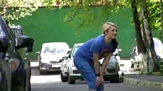 Teen Russian blonde girl in public getting wet and embarrassed