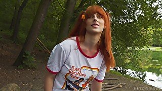 Redhead teen with pigtails loves to have two dicks inside her