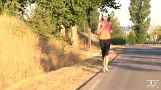 Running with her shapely legs!