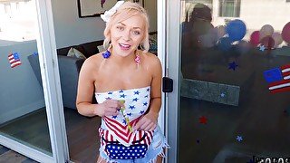 Fucking in the kitchen ends with cum on boobs for Ava Sinclaire