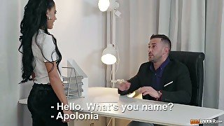 Gamine lusty brunette Apolonia lures her own boss as she wanna suck him