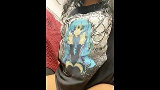 cute girl in miku shirt listening to techno