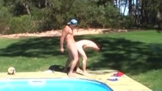 Horny jock fucks boyfriend at private outdoor pool