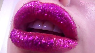 Glittery purple lipstick tease