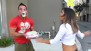 Muscular buddy gets retribution on babe who spoiled his cake