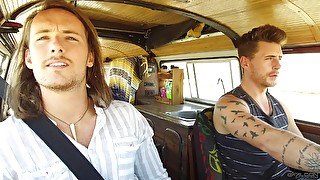 Two hippie dudes pick up a hitchhiker and have gay threesome