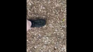 Dirty sneakers stepping on pine cones in the park