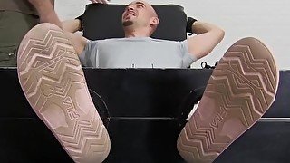 Bound bald jock tickle tormented in 3way