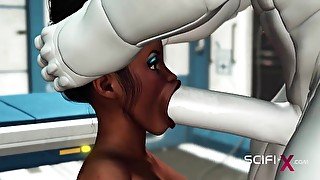 A sexy young busty ebony has hard anal sex with sex robot in the medbay