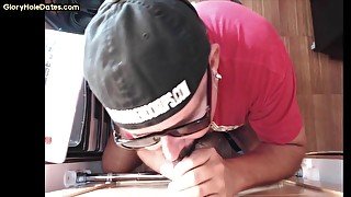 Gloryhole mature gay loves sucking dick while stroking it