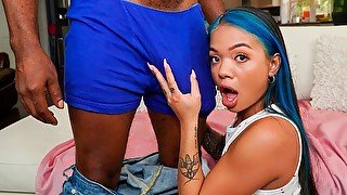 Blue-haired teen Paisley Page jumps on a very long black cock