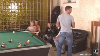 Lustful blonde tramp gets fiercely gangbanged on a pool table