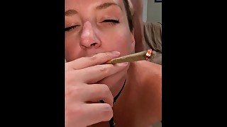 Hotwife getting railed while smoking a J, tits bouncing, cumshot on ass