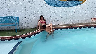 The Neighbor Leaves Her Husband At Home To Fuck The First See In The Pool