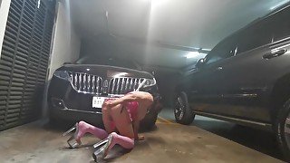 Sissy slut anal masturbing in the garage