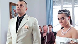 Sexy bride licks his shoes and sucks his cock