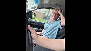 Shy girl gives blowjob on the car while during on a public road till he cum. Road head