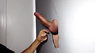 Male with cut cock, first time in Gloryhole to be milked, dense and delicious milk.