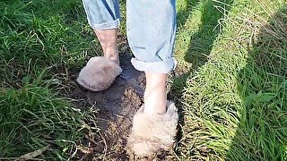 My fluffy white slippers got covered in mud!