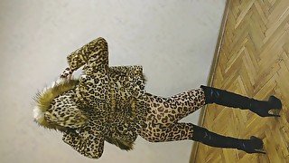 Asian Sissy Ladyboy In Sexy Leopard Coat And Leopard Suit And In High Heels Showing Her Sexy Body