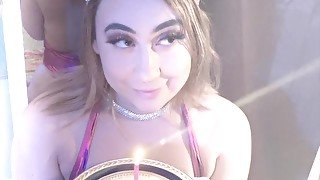 Birthday slut eats cum shot off her cake! Gets fucked by 9 in dildo.