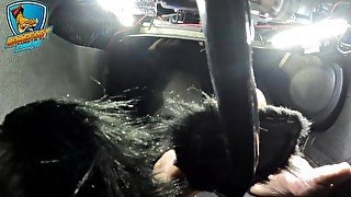 NYCFEET1 shows his soles as he drives with his his fur pedals