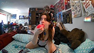 Cat Girl with Pigtails  Plays with Vibrator, Deepthroats Monster Dildo