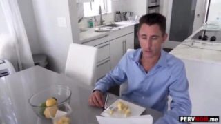 Skinny stepmom blowjob during breakfast in front of dad