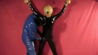 Latex Catsuit Slave Girl With Rubber Ballhood In Bondage Gasmask Breathplay