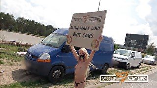 Tesla protest! Nude for a greater good! Kitty Blair demonstrates completely naked!