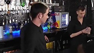 Cute homosexual bartenders have anal threeway after work