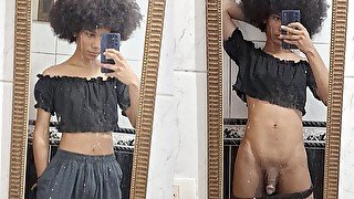 black power transfem enby teasing estrogened lil dick on mirror with threatning vibe