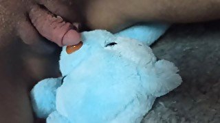 Rubbing wet pussy and big clit on a teddy bear