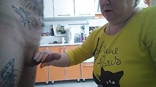 Mother-in-law again frees my balls from cum while doing blowjob