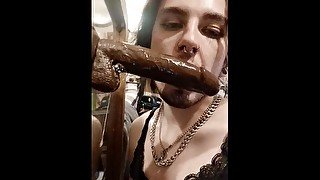 Sissy femboy slut deepthroats BBC dildo