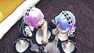 Ram and Rem lick a big cock together