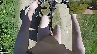 Riding and strolling naked in public nature in daylight POV