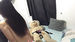 I was super horny so I fucked my teddy bear with the leash on.