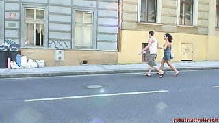 Dirty street slut sucks dick in public