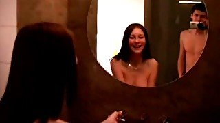 Black-haired chick Kattie Gold is getting tons of love in the bathroom