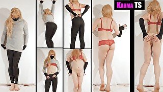 Cute KarmaTS dancing striptease in sexy leggings and hot red lingerie!